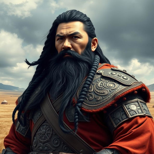 A powerful and imposing figure inspired by historical accounts of Genghis Khan, the Mongol emperor