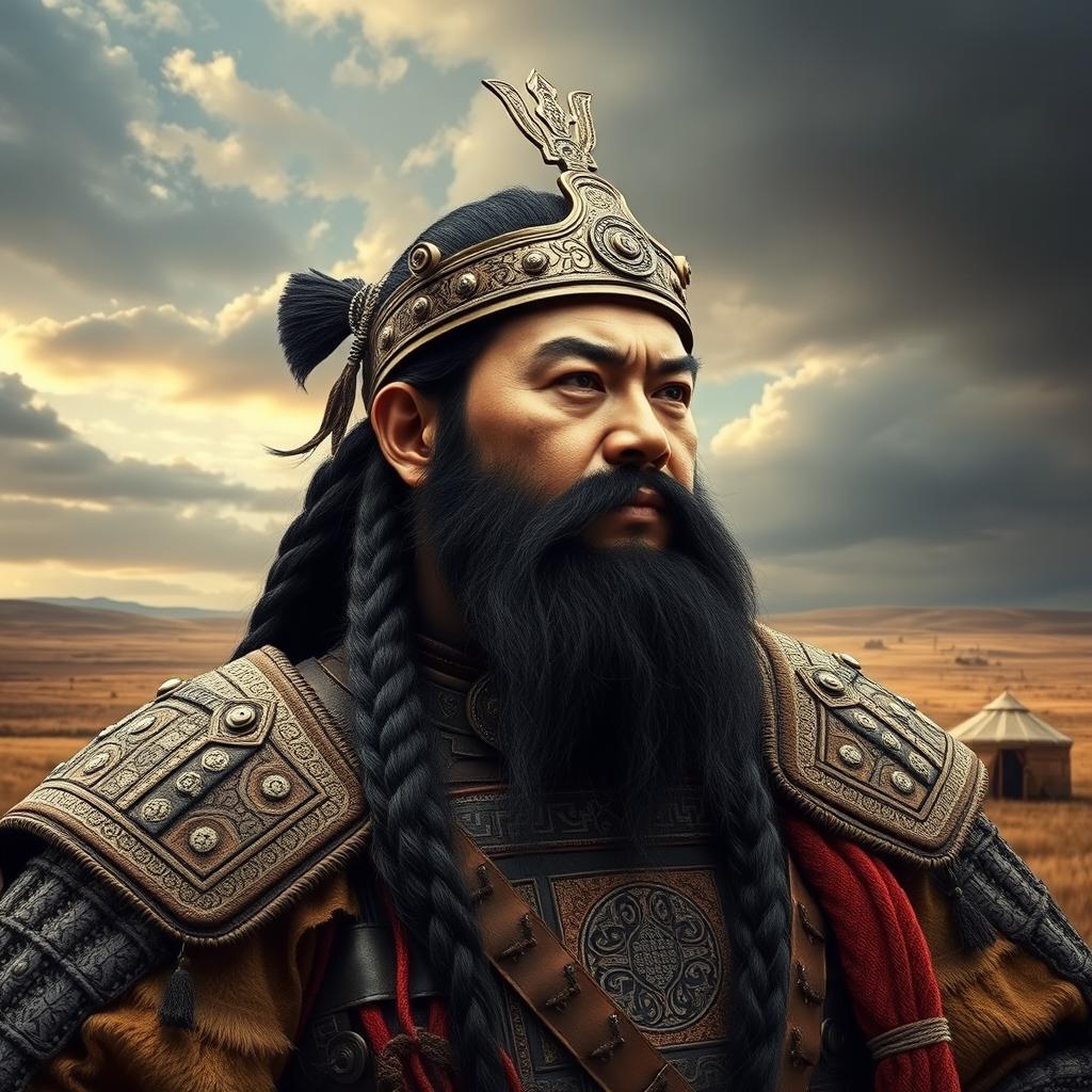 A powerful and imposing figure inspired by historical accounts of Genghis Khan, the Mongol emperor