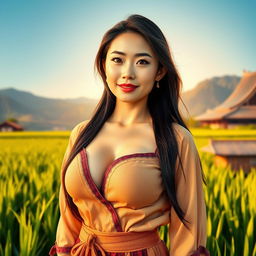 A stunningly beautiful Chinese woman with very large, round breasts, dressed in traditional farmer attire, standing confidently in a vibrant green rice field