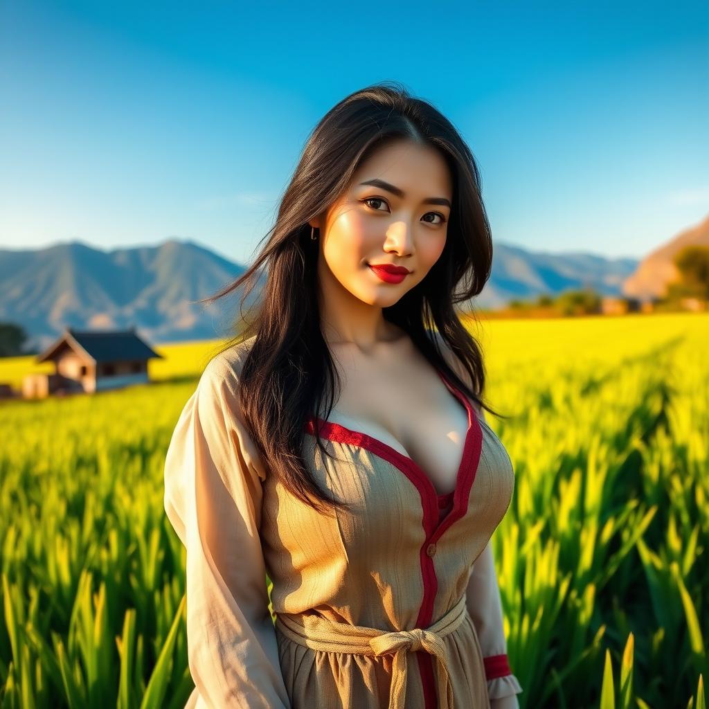 A stunningly beautiful Chinese woman with very large, round breasts, dressed in traditional farmer attire, standing confidently in a vibrant green rice field