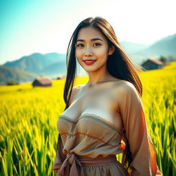A stunningly beautiful Chinese woman with very large, round breasts, dressed in traditional farmer attire, standing confidently in a vibrant green rice field