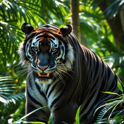 A black tiger with striking white stripes, showcasing its majestic and powerful physique