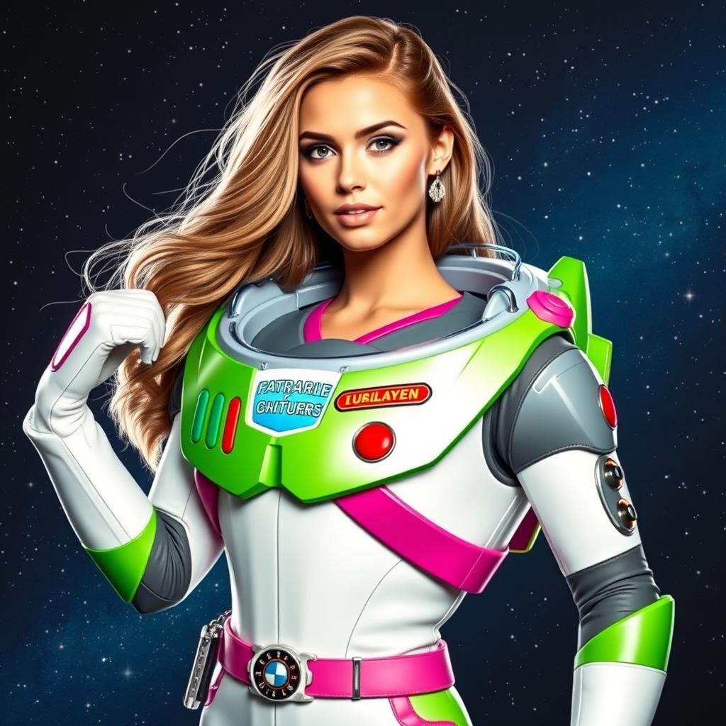 A stunning depiction of Ana de Armas dressed as a futuristic space ranger inspired by Buzz Lightyear