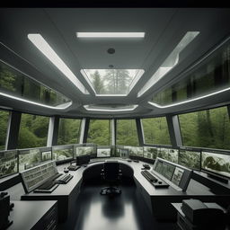 A futuristic glass penthouse office styled as a penitentiary control room, equipped with advanced audio tools, and offering a forest view through its windows. The design takes cues from the architecture mentioned in the provided link.