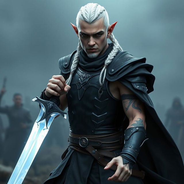 A male elf character designed as a battle warlock, captured in a serious battle stance, ready for combat