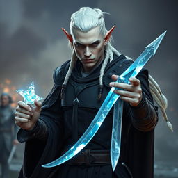 A male elf character designed as a battle warlock, captured in a serious battle stance, ready for combat