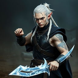 A male elf character designed as a battle warlock, captured in a serious battle stance, ready for combat