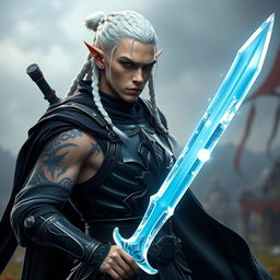 A male elf character designed as a battle warlock, captured in a serious battle stance, ready for combat