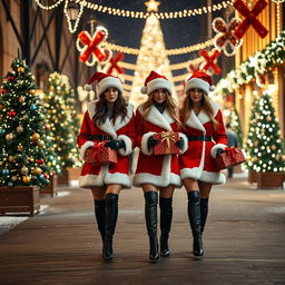 A festive Christmas-themed street scene, sparkling with brightly lit Christmas trees and colorful decorations against a gentle snowfall