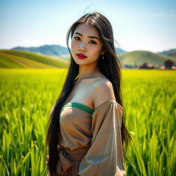 A stunningly beautiful Chinese woman with very large, round breasts, wearing traditional farmer attire, standing gracefully in a vibrant green rice field