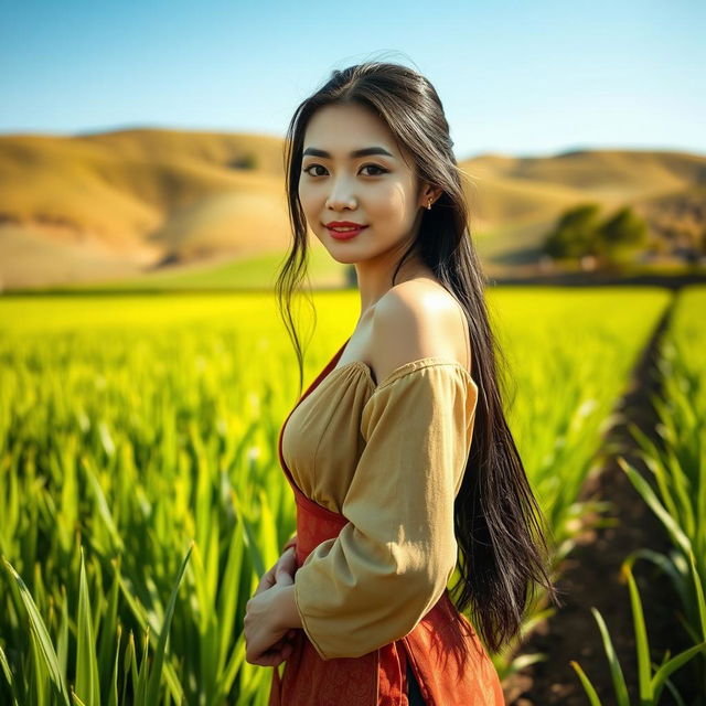 A stunningly beautiful Chinese woman with very large, round breasts, wearing traditional farmer attire, standing gracefully in a vibrant green rice field