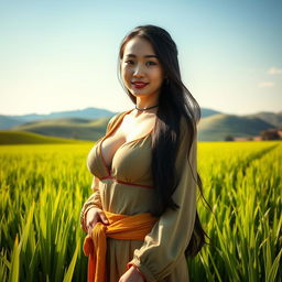A stunningly beautiful Chinese woman with very large, round breasts, wearing traditional farmer attire, standing gracefully in a vibrant green rice field