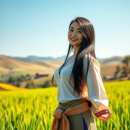 A stunningly beautiful Chinese woman with very large, round breasts, wearing traditional farmer attire, standing gracefully in a vibrant green rice field