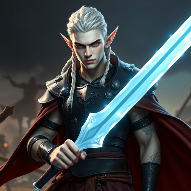 A male elf character depicted as a battle warlock, standing in a serious battle stance, ready for action