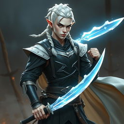 A male elf character depicted as a battle warlock, standing in a serious battle stance, ready for action