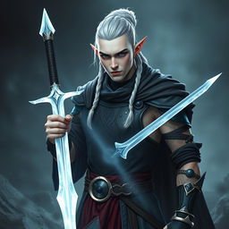 A male elf character depicted as a battle warlock, standing in a serious battle stance, ready for action