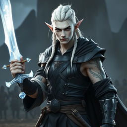 A male elf character as a battle warlock, captured in a serious battle stance, exuding an aura of power and readiness