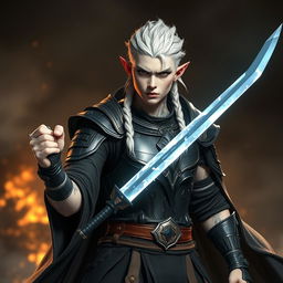 A male elf character as a battle warlock, captured in a serious battle stance, exuding an aura of power and readiness