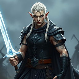A male elf character as a battle warlock, captured in a serious battle stance, exuding an aura of power and readiness