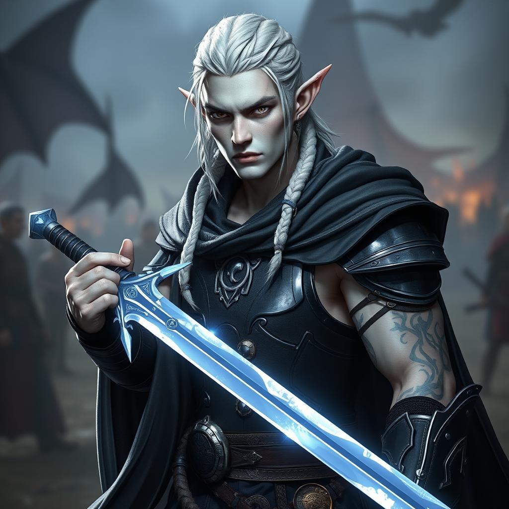 A male elf character as a battle warlock, captured in a serious battle stance, exuding an aura of power and readiness