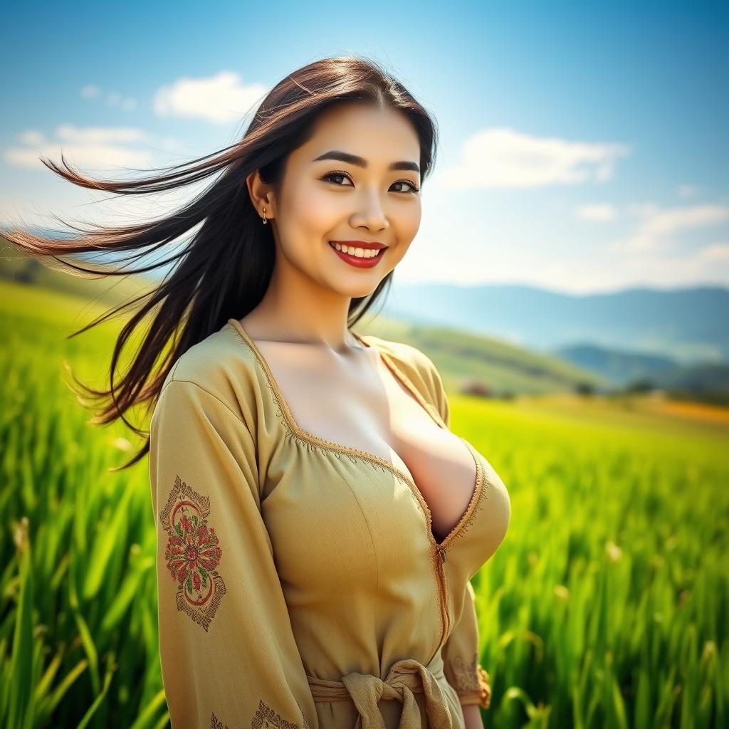 A beautiful Chinese woman with strikingly large, round breasts, dressed in traditional farmer clothing, standing confidently in a lush green rice field