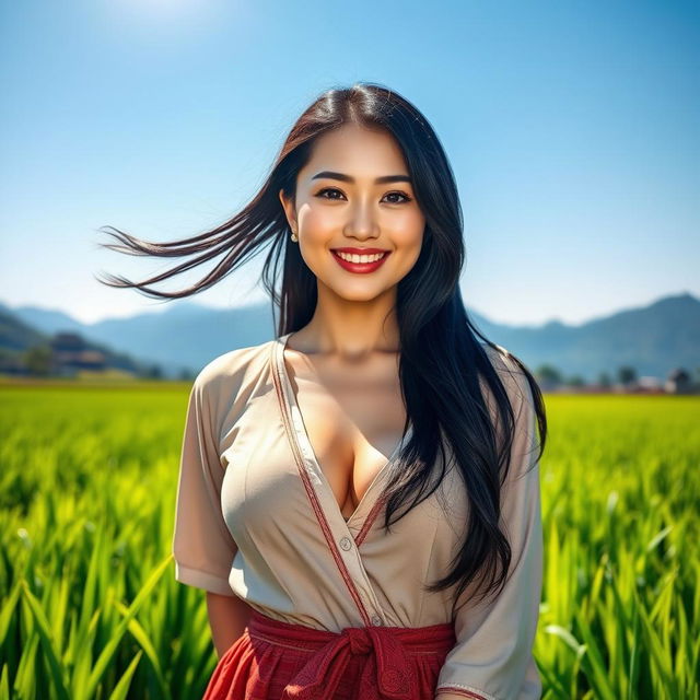 A beautiful Chinese woman with strikingly large, round breasts, dressed in traditional farmer clothing, standing confidently in a lush green rice field