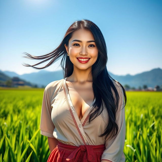 A beautiful Chinese woman with strikingly large, round breasts, dressed in traditional farmer clothing, standing confidently in a lush green rice field