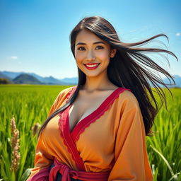 A beautiful Chinese woman with strikingly large, round breasts, dressed in traditional farmer clothing, standing confidently in a lush green rice field