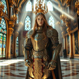 A stunningly beautiful knight dressed in ornate armor, standing nobly in a grand palace