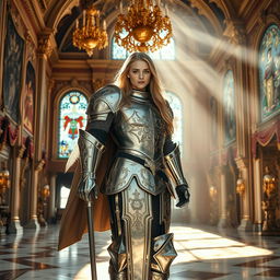 A stunningly beautiful knight dressed in ornate armor, standing nobly in a grand palace