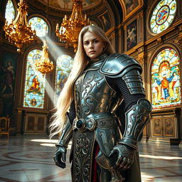 A stunningly beautiful knight dressed in ornate armor, standing nobly in a grand palace