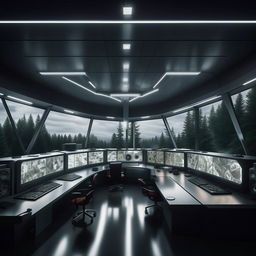 A futuristic glass penthouse office styled as a penitentiary control room, equipped with advanced audio tools, and offering a forest view through its windows. The design takes cues from the architecture mentioned in the provided link.