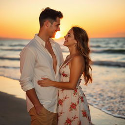 A romantic scene of a couple standing closely together, sharing a gentle smile