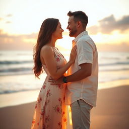 A romantic scene of a couple standing closely together, sharing a gentle smile