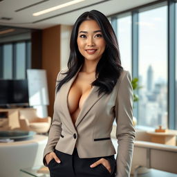 A beautiful Chinese woman with very large, round breasts, confidently dressed in a stylish business outfit, standing in a modern office environment