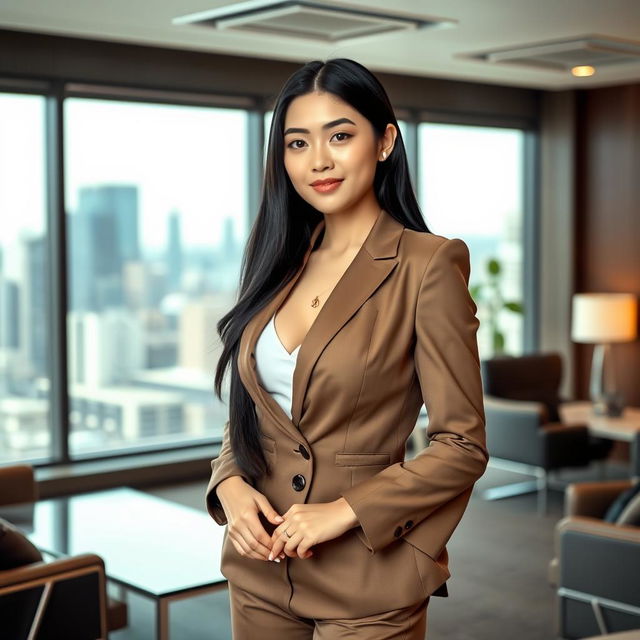 A beautiful Chinese woman with very large, round breasts, confidently dressed in a stylish business outfit, standing in a modern office environment