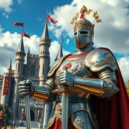 A majestic royal knight standing proudly in full armor, intricately detailed with gold and silver embellishments