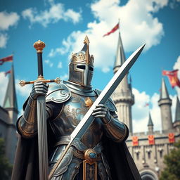 A majestic royal knight standing proudly in full armor, intricately detailed with gold and silver embellishments