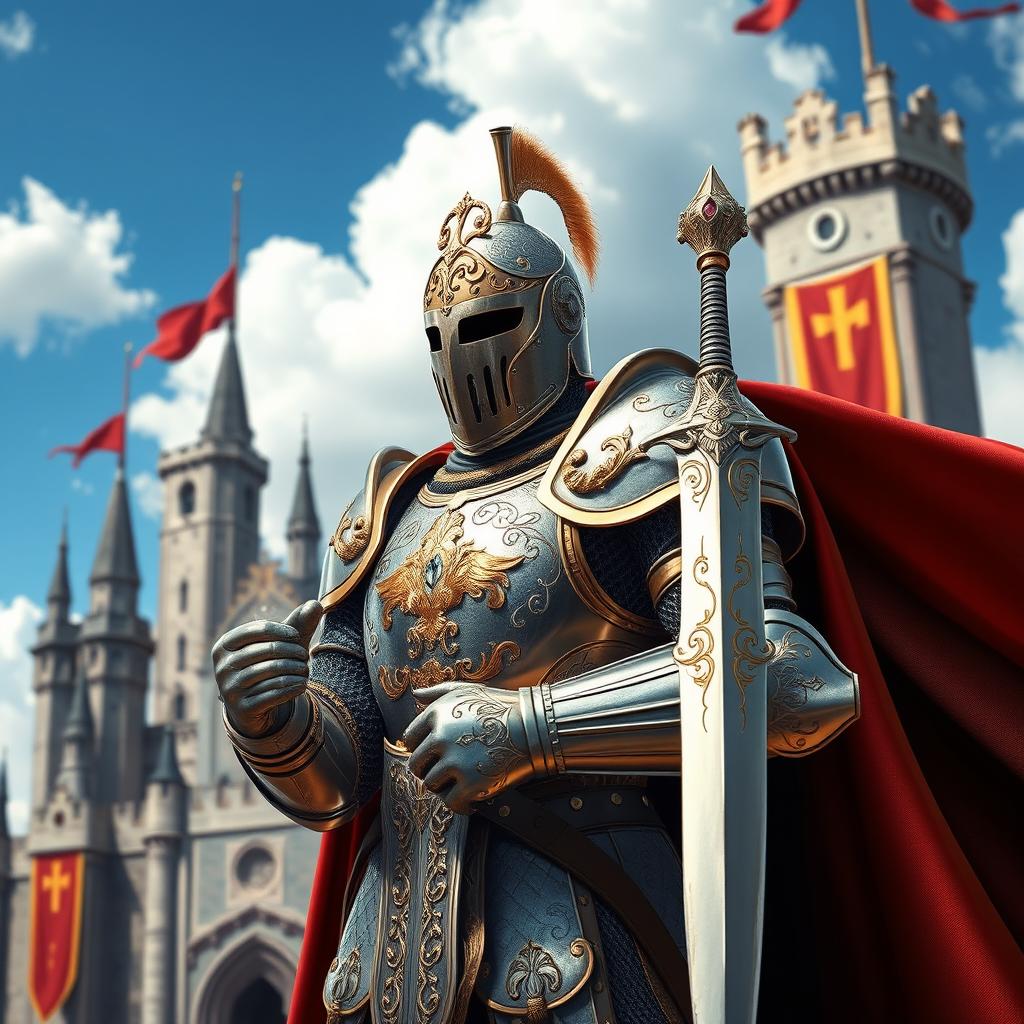 A majestic royal knight standing proudly in full armor, intricately detailed with gold and silver embellishments