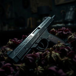 A dramatic and moody scene featuring a dark, menacing gun surrounded by withering flowers