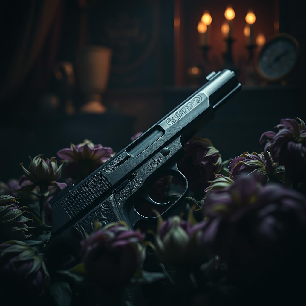 A dramatic and moody scene featuring a dark, menacing gun surrounded by withering flowers