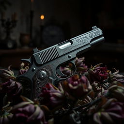 A dramatic and moody scene featuring a dark, menacing gun surrounded by withering flowers