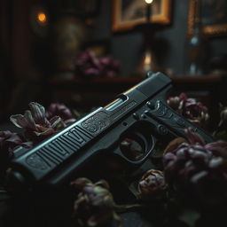 A dramatic and moody scene featuring a dark, menacing gun surrounded by withering flowers