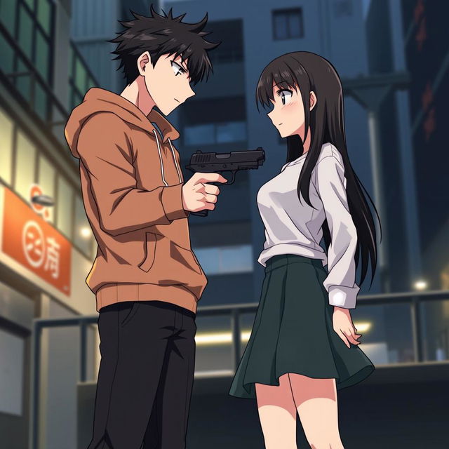 An anime scene featuring two characters facing each other, about one meter apart