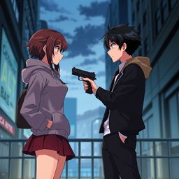 An anime scene featuring two characters facing each other, about one meter apart