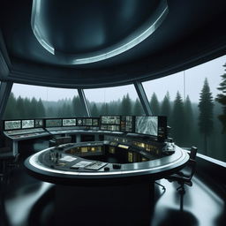 A futuristic glass penthouse office styled as a penitentiary control room, equipped with advanced audio tools, and offering a forest view through its windows. The design takes cues from the architecture mentioned in the provided link.