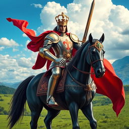 A majestic royal knight clad in shining armor, standing tall atop a magnificent horse
