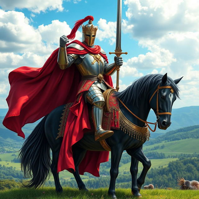 A majestic royal knight clad in shining armor, standing tall atop a magnificent horse