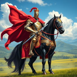 A majestic royal knight clad in shining armor, standing tall atop a magnificent horse