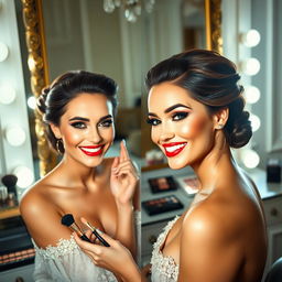 A glamorous woman getting ready with a stunning makeup transformation, showcasing before and after effects